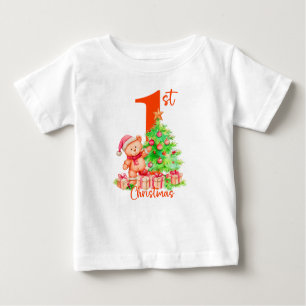 Baby's First Christmas, Cute Bear and Tree Design Baby T-Shirt