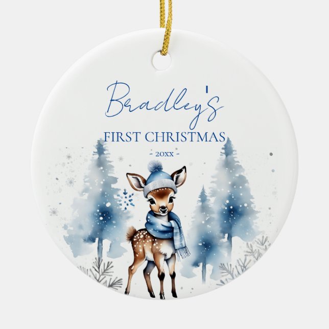 Baby's first Christmas cute deer photo Ceramic Tree Decoration (Front)