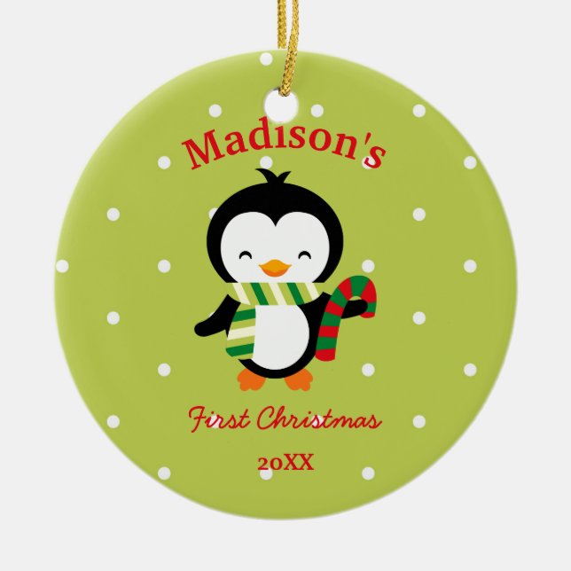 Baby's First Christmas Cute Penguin and Polka Dots Ceramic Tree Decoration (Front)