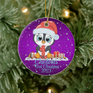 Baby's First Christmas cute penguin Christmas hat Ceramic Tree Decoration