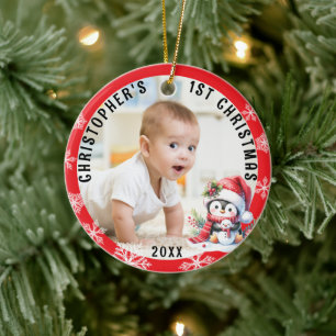 Babys First Christmas Cute Penguin Red Frame Photo Ceramic Tree Decoration