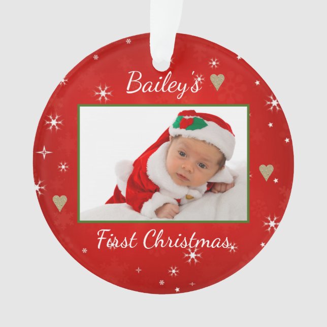 Baby's First Christmas Cute Photo Red Heart Ornament (Front)