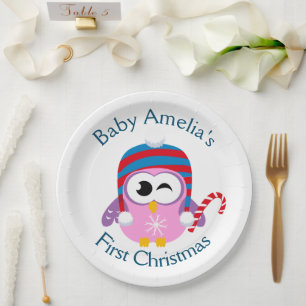 Baby's First Christmas Cute Pink Owl Paper Plate