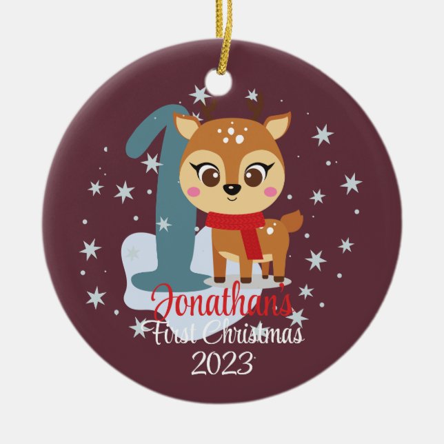 Baby's First Christmas cute reindeer modern colour Ceramic Tree Decoration (Front)