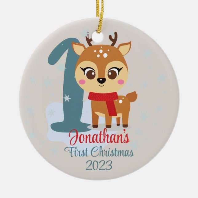 Baby's First Christmas cute reindeer modern colour Ceramic Tree Decoration (Front)