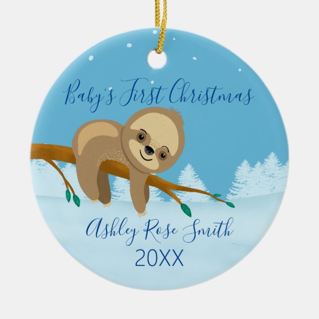 Baby's first Christmas cute sloth winter Ceramic Tree Decoration (Front)