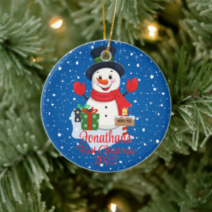 Baby's First Christmas cute snowman black hat  Ceramic Tree Decoration