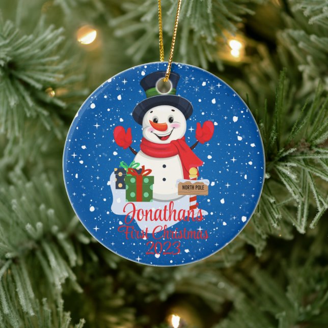 Baby's First Christmas cute snowman black hat  Ceramic Tree Decoration (Tree)