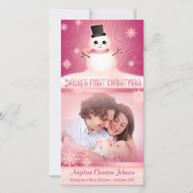 Baby's First Christmas Cute Snowman Pink Holiday Card (Front)