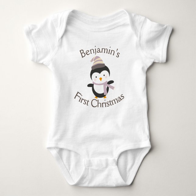 Baby's First Christmas Cute Winter Penguin Baby Bodysuit (Front)