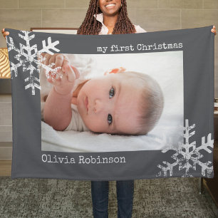 Baby's First Christmas Dark Grey Photo Snowflakes Fleece Blanket