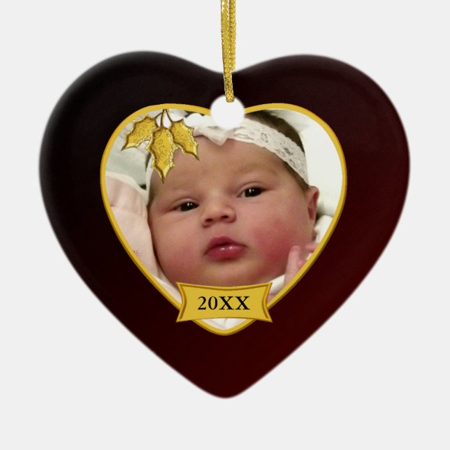 Baby's First Christmas Deep Red Gold Heart Ceramic Tree Decoration (Front)