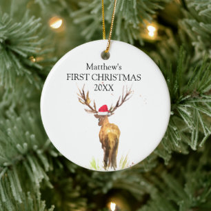 Baby's First Christmas Deer Watercolor Forest Boy Ceramic Tree Decoration
