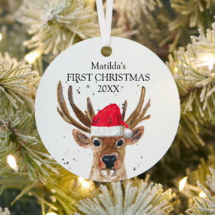 Baby's First Christmas Deer Watercolor Forest Metal Tree Decoration