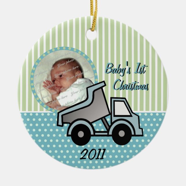 Babys First Christmas Dump Truck Photo Ceramic Tree Decoration (Front)