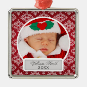 Baby's First Christmas Elegant Damask Red Metal Tree Decoration