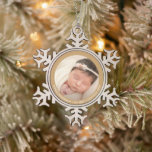 Baby's First Christmas Elegant Photo Snowflake Pewter Christmas Ornament<br><div class="desc">This charming First Christmas photo ornament features your baby's photo and name or any other message on the front. PHOTO TIP: Crop your high resolution photo into a square as you want it to appear on the ornament BEFORE you upload it. CHANGE the saying, the fonts, font colour and BORDER...</div>