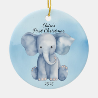 Baby's First Christmas Elephant Blue Personalised Ceramic Tree Decoration