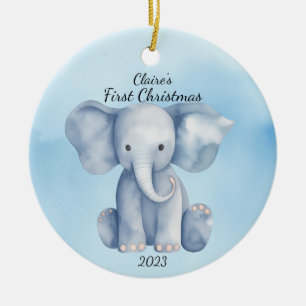 Baby's First Christmas Elephant Blue Personalized Ceramic Tree Decoration