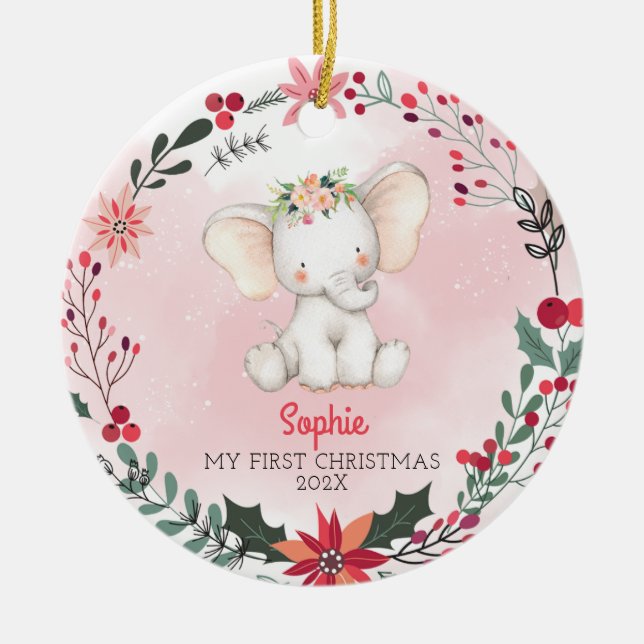 Baby's First Christmas Elephant  Girl With Name Ceramic Tree Decoration (Front)