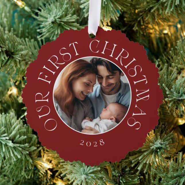 Baby's First Christmas Festive Red Family Photo Tree Decoration Card (Insitu (Tree))