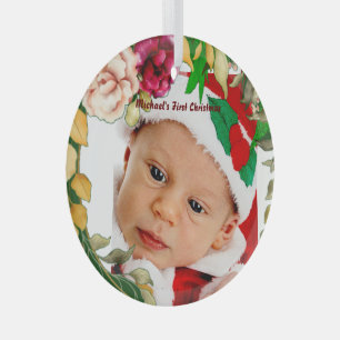Baby's First Christmas Floral Wreath Custom Photo Glass Tree Decoration