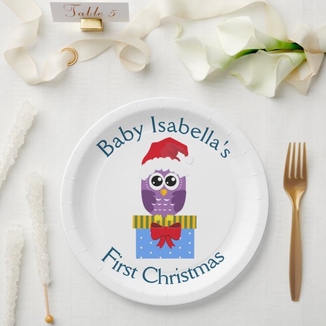 Baby's First Christmas Funny Purple Owl Paper Plate (Wedding)