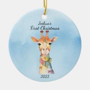 Baby's First Christmas Giraffe Blue Personalized Ceramic Tree Decoration