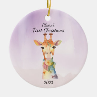 Baby's First Christmas Giraffe Purple Personalised Ceramic Tree Decoration
