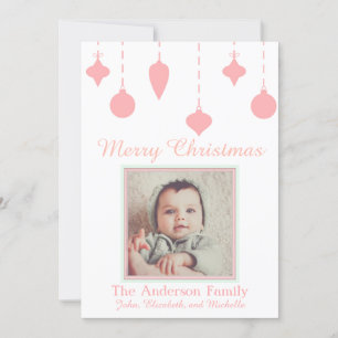 Baby's First Christmas Girl Pink Green Holiday Card