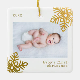 Baby's First Christmas Gold Foil Snowflake Photo Ceramic Ornament