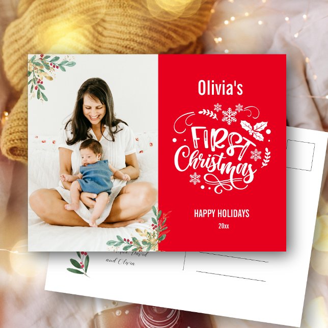 Baby's First Christmas | Gold Foliage Photo Holiday Postcard (Creator Uploaded)