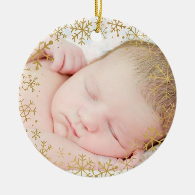 Babys First Christmas Gold Snowflakes Custom Ceramic Tree Decoration (Front)