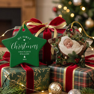 Baby's First Christmas Green Custom Name Keepsake  Ceramic Tree Decoration