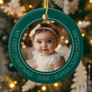 Baby's First Christmas Green Modern Photo Newborn Ceramic Tree Decoration