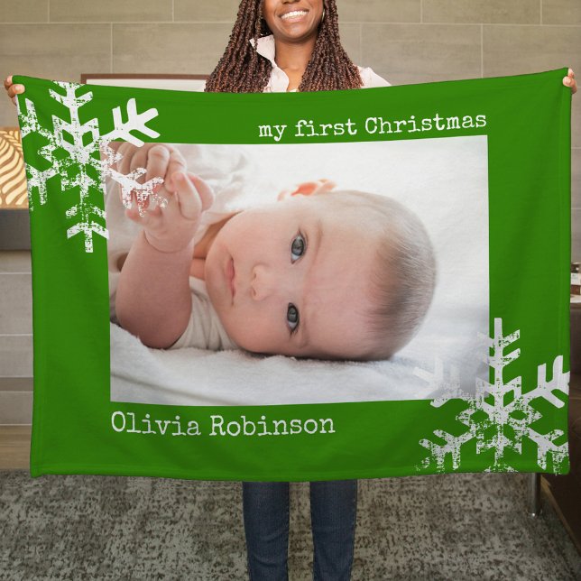 Baby's First Christmas Green Photo Snowflakes Fleece Blanket (Snowflake Baby's 1st Christmas holiday keepsake photo ornament perfect to bring joy to others.)