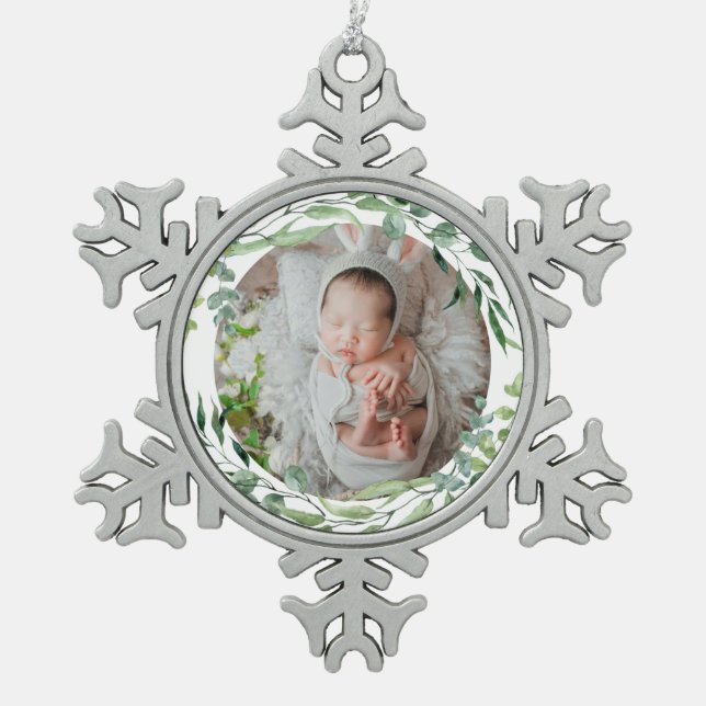 Baby's first christmas green plant frame   snowflake pewter christmas ornament (Front)