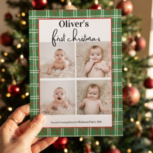 Baby's First Christmas Green Red Plaid 4 Photo Invitation