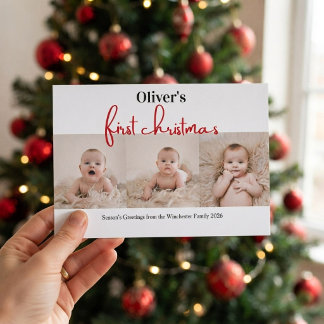 Baby's First Christmas Green Red Plaid 4 Photo Invitation