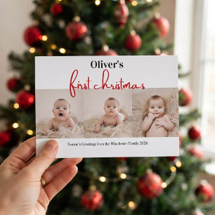 Baby's First Christmas Green Red Plaid 4 Photo Invitation