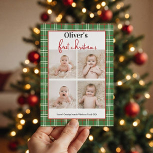 Baby's First Christmas Green Red Plaid 4 Photo Invitation