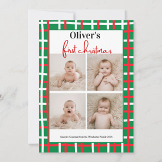 Baby's First Christmas Green Red Plaid 4 Photo Invitation