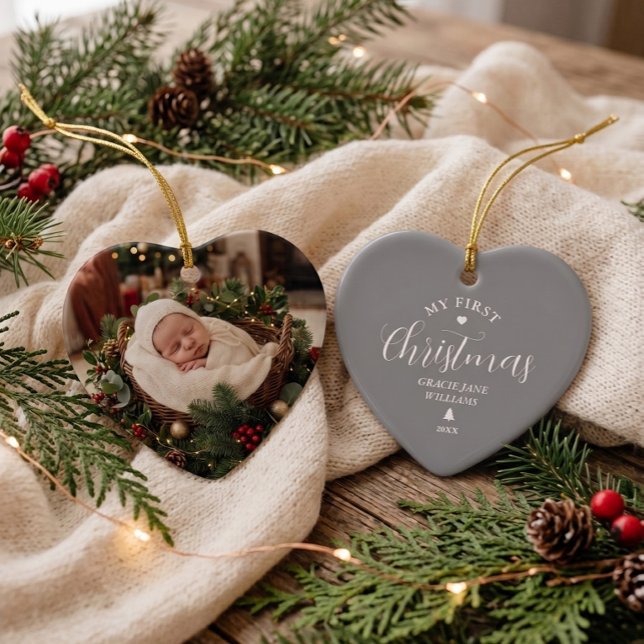 Baby's First Christmas Grey Custom Name Keepsake  Ceramic Tree Decoration (Creator Uploaded)