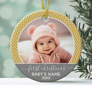 Babys First Christmas - grey yellow dots Ceramic Tree Decoration