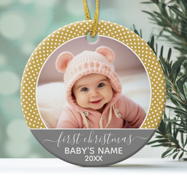 Babys First Christmas - grey yellow dots Ceramic Tree Decoration (Personalized Photo Ornament - Baby's First Christmas)