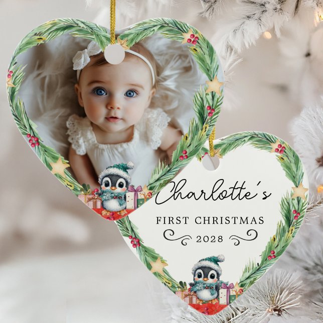 Baby's First Christmas – Heart & Penguin Photo Ceramic Tree Decoration (Creator Uploaded)