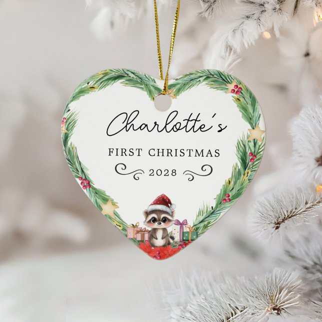 Baby's First Christmas–Heart & Racoon Ceramic Tree Decoration (Baby's First Christmas–Heart & Racoon Ceramic Ornament)
