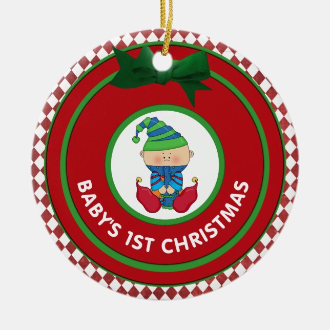 Babys First Christmas Holiday Elf Personalised Ceramic Tree Decoration (Front)