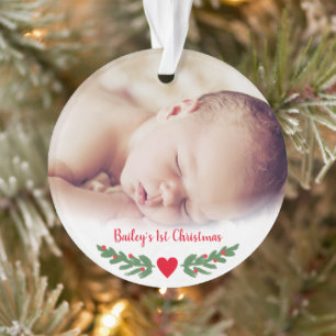 Baby's First Christmas Holly Branch Berries Photo Ornament
