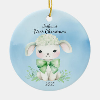 Baby's First Christmas Lamb Blue Personalised Ceramic Tree Decoration